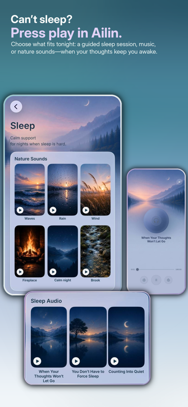 Nature sounds, music, and guided sleep sessions in Ailin